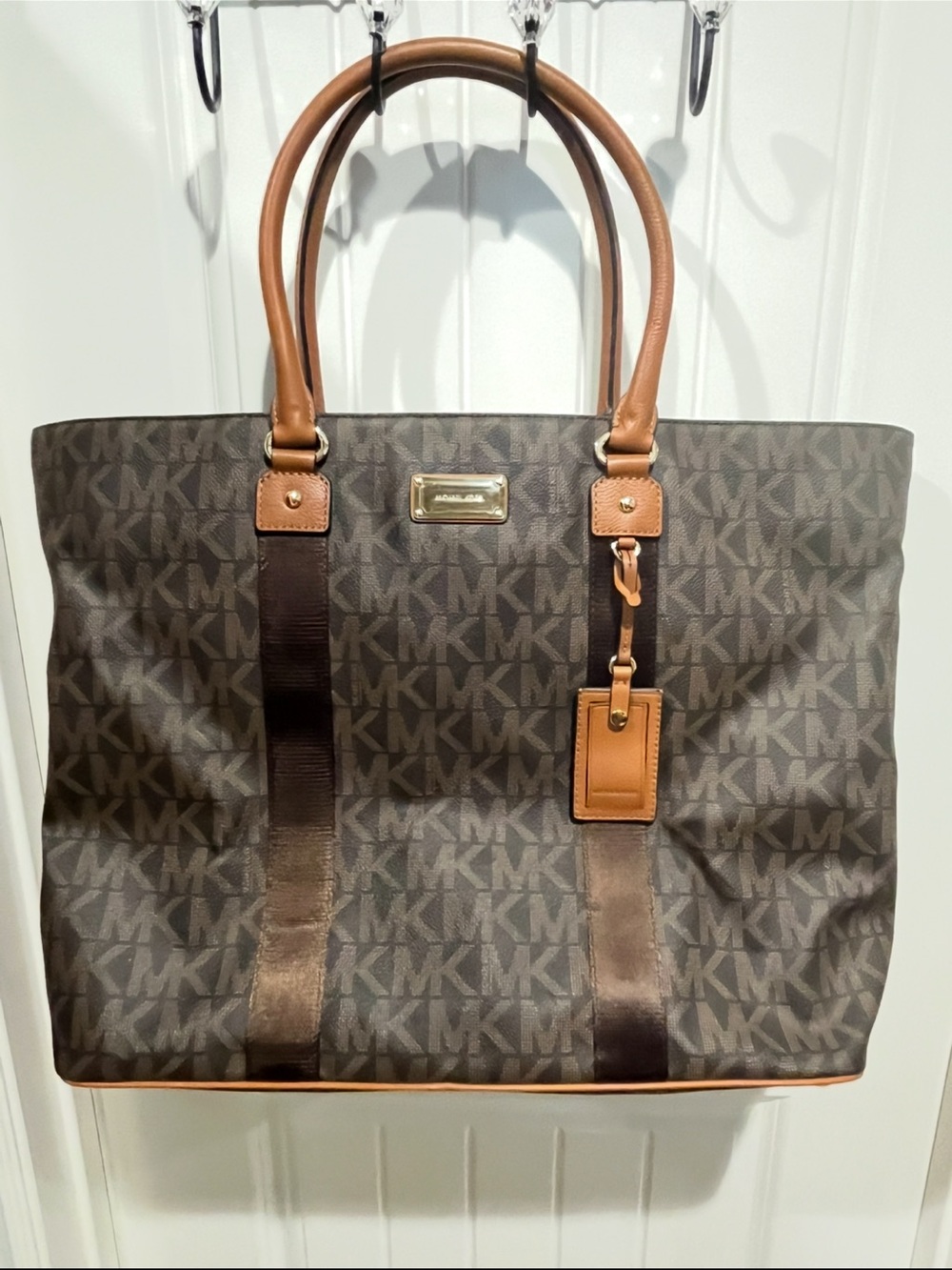 Michael Kors Brown MK Monogram Tote with Tan Leather Trim- Like new condition